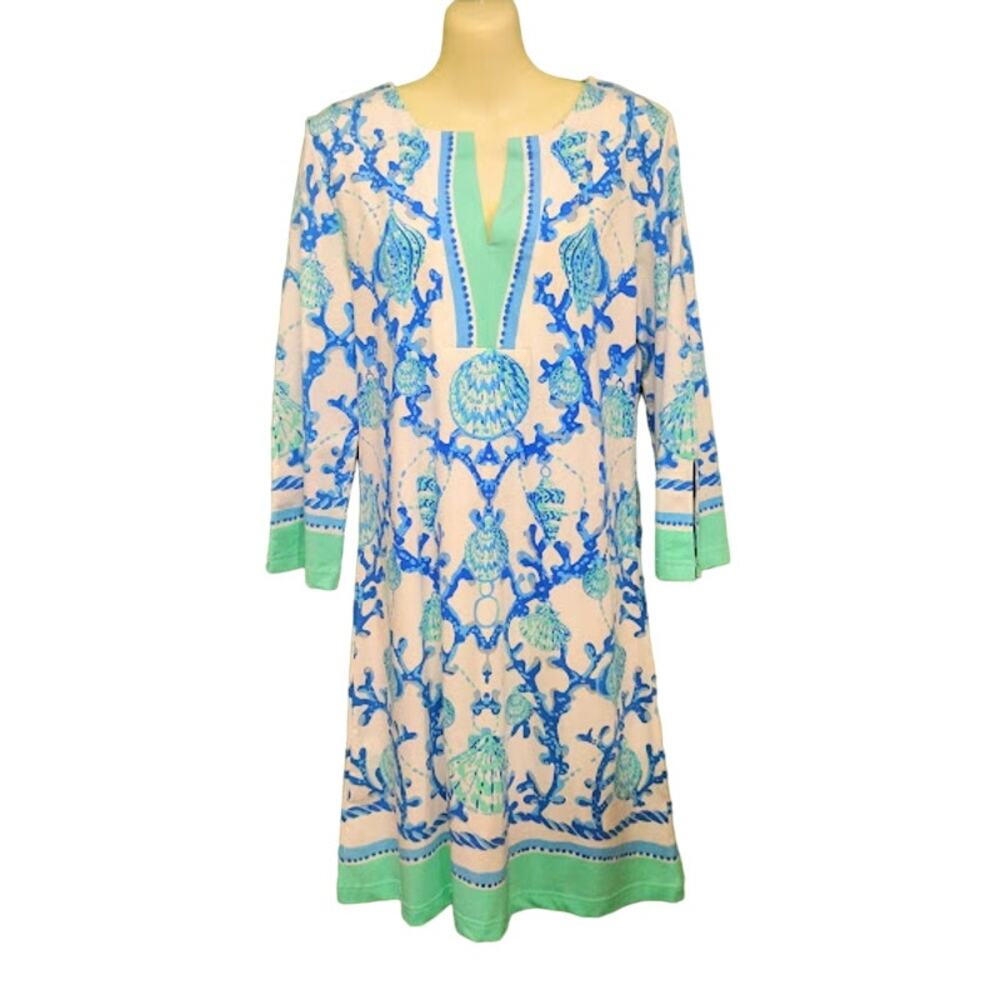 Barbara Gerwit‎ Resort Wear 3/4 Sleeve Dress, Aqua, Blue and White, Size L, NWT